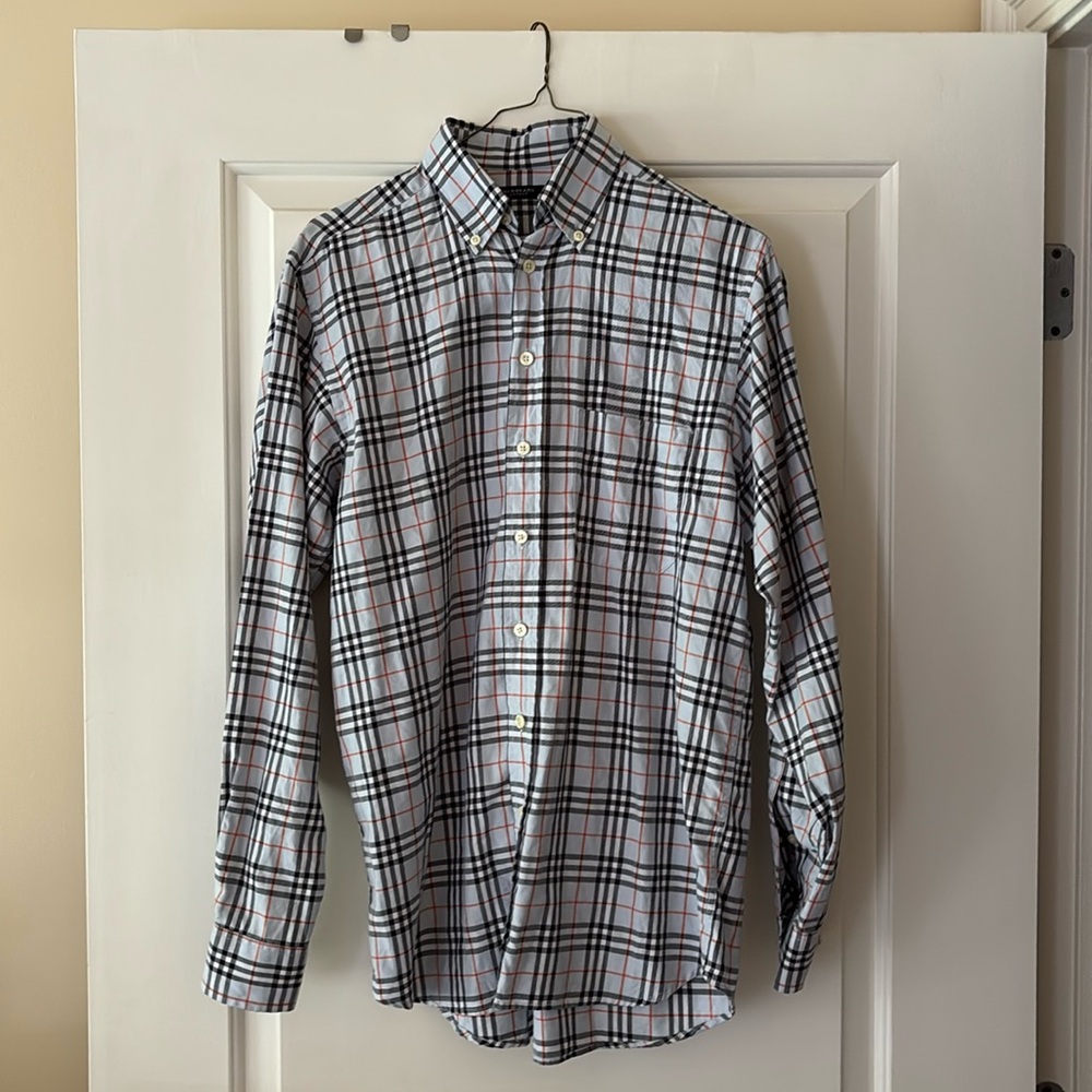 Burberry London Cotton Shirt Men's Medium M Light Blue Nova Plaid